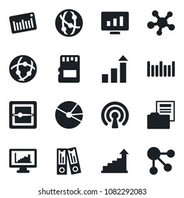 Set of vector isolated black icon - growth statistic vector, office binder, monitor, barcode, network, share, scanner, sd, statistics, pie graph, document folder, wireless, social media