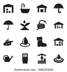 Set of vector isolated black icon - watering can vector, boot, water drop, well, hose, umbrella, warehouse, pond, bathroom, drink, irrigation