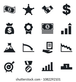 Set of vector isolated black icon - handshake vector, growth statistic, dollar sign, medal, money bag, document, sertificate, bar graph, police, target, motivation, crisis, cash, pedestal