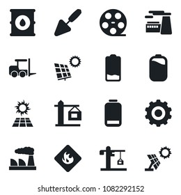 Set of vector isolated black icon - fork loader vector, gear, factory, trowel, flammable, oil barrel, reel, low battery, sun panel, crane
