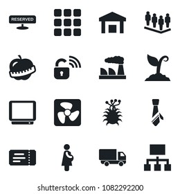 Set of vector isolated black icon - ticket vector, team, factory, sproute, diet, pregnancy, virus, car delivery, warehouse, tv, menu, tie, reserved, fan, wireless lock, hierarchy