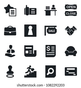 Set of vector isolated black icon - female vector, stamp, document search, office phone, client, receipt, favorites list, case, news, manager desk, handshake, career ladder, sale, open close