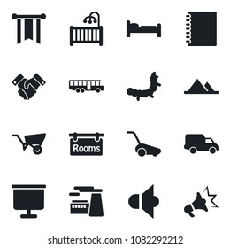 Set of vector isolated black icon - airport bus vector, bed, factory, wheelbarrow, lawn mower, caterpillar, car delivery, speaker, copybook, presentation board, handshake, mountains, rooms, pennon