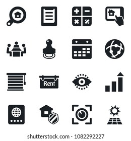 Set of vector isolated black icon - passport vector, growth statistic, calculator, clipboard, network, calendar, eye id, meeting, stamp, rent, estate search, insurance, home control app, jalousie