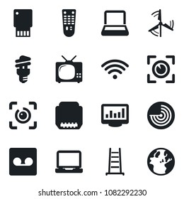 Set of vector isolated black icon - radar vector, ladder, remote control, laptop pc, hdmi, record, eye id, monitor statistics, notebook, windmill, tv, wireless, energy saving bulb, scan, usb flash