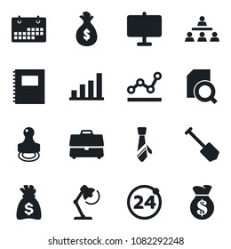 Set of vector isolated black icon - 24 around vector, money bag, job, calendar, case, copybook, presentation board, bar graph, document search, point, desk lamp, tie, hierarchy, stamp
