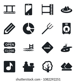 Set of vector isolated black icon - smoking place vector, manager, pencil, circle chart, farm fork, tree, film frame, cell phone, speaker, music, pond, pool, serviette, open close
