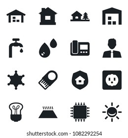Set of vector isolated black icon - house vector, with tree, water supply, warehouse, estate agent, insurance, chip, socket, intercome, warm floor, bulb, police, usb flash, alarm led