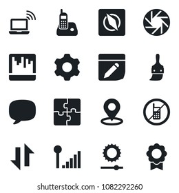 Set of vector isolated black icon - no mobile vector, wireless notebook, radio phone, message, camera, settings, themes, scanner, notes, data exchange, brightness, place tag, compass, application