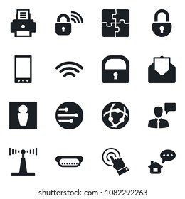 Set of vector isolated black icon - male vector, speaking man, antenna, touch screen, mail, mobile, network, wireless, lock, application, printer, hot dog, home message