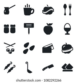 Set of vector isolated black icon - spoon and fork vector, plant label, seeds, diet, coffee, egg stand, salt pepper, credit card, kebab, ladle, knife, turkish, sushi, apple fruit, serviette