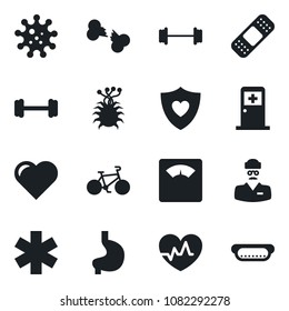 Set of vector isolated black icon - medical room vector, heart, pulse, scales, patch, ambulance star, barbell, bike, shield, stomach, broken bone, doctor, virus, hot dog