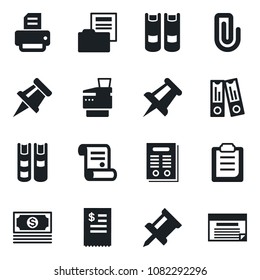 Set of vector isolated black icon - book vector, office binder, drawing pin, printer, contract, cash, clipboard, paper clip, document folder, copier, restaurant receipt, schedule