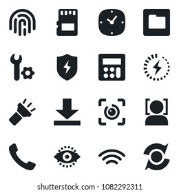 Set of vector isolated black icon - call vector, protect, calculator, clock, sd, folder, download, wireless, torch, face id, eye, fingerprint, charge, root setup, update
