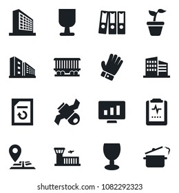 Set of vector isolated black icon - airport building vector, office, statistic monitor, document reload, seedling, glove, pulse clipboard, navigation, railroad, satellite, fragile, paper binder