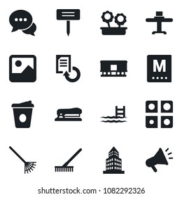 Set of vector isolated black icon - coffee vector, document reload, rake, plant label, railroad, dialog, gallery, application, office building, stapler, pool, flower in pot, restaurant table, menu