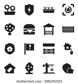 Set of vector isolated black icon - seedling vector, important flag, cargo container, protect, eye id, fruit tree, smart home, flower in pot, crane, estate insurance, alcove, hamburger, control