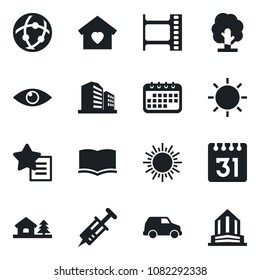 Set of vector isolated black icon - sun vector, book, tree, syringe, eye, film frame, favorites list, network, calendar, house with, sweet home, car, office building