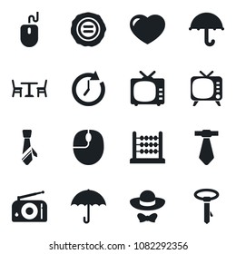 Set Of Vector Isolated Black Icon - Cafe Vector, Mouse, Stamp, Umbrella, Radio, Tv, Heart, Abacus, Tie, Dress Code, Clock