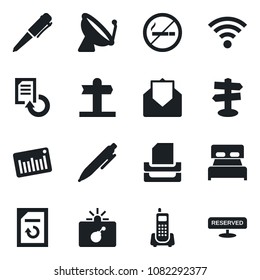 Set of vector isolated black icon - satellite antenna vector, no smoking, bomb in case, pen, document reload, signpost, office phone, barcode, mail, wireless, paper tray, bedroom, reserved