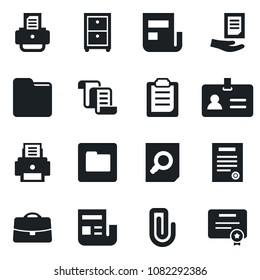 Set of vector isolated black icon - identity vector, contract, document search, printer, folder, clipboard, case, paper clip, news, archive box, certificate