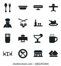 Set of vector isolated black icon - spoon and fork vector, cafe, coffee, cook, alcohol, restaurant table, reserved, drink, cocktail, building, chicken, bowl, sushi, serviette