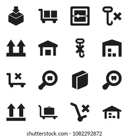 Set of vector isolated black icon - baggage trolley vector, cargo, up side sign, no, hook, warehouse, package, search, scanner, blank box