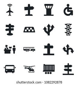 Set of vector isolated black icon - airport tower vector, plane radar, taxi, bus, passport control, helicopter, disabled, route, signpost, traffic light, truck trailer, guidepost