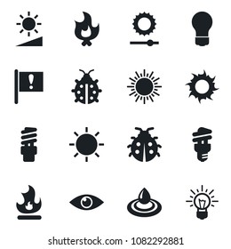 Set of vector isolated black icon - sun vector, bulb, lady bug, fire, eye, important flag, brightness, water, energy saving, idea