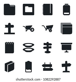 Set of vector isolated black icon - signpost vector, notepad, presentation board, wheelbarrow, low battery, folder, blank box, plates, guidepost