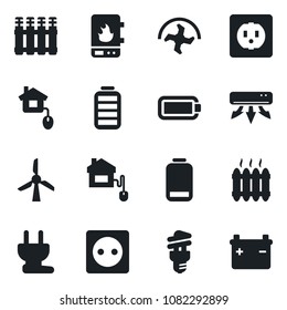 Set of vector isolated black icon - ripper vector, battery, low, heater, air conditioner, home control, socket, power plug, water, radiator, energy saving bulb, windmill