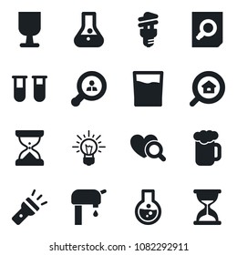 Set of vector isolated black icon - document search vector, blood test vial, heart diagnostic, fragile, torch, water supply, estate, client, drink, beer, energy saving bulb, idea, flask, sand clock
