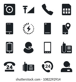 Set of vector isolated black icon - mobile phone vector, office, 24 hours, support, tracking, cell, radio, back, call, camera, sim, cellular signal, charge