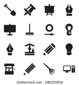Set of vector isolated black icon - presentation board vector, drawing pin, bulb, job, pencil, rake, well, brightness, ink pen, pc