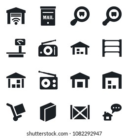 Set of vector isolated black icon - container vector, cargo, warehouse, heavy scales, search, rack, radio, blank box, mailbox, garage gate control, home message