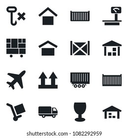 Set of vector isolated black icon - plane vector, truck trailer, cargo container, car delivery, consolidated, fragile, warehouse storage, up side sign, no hook, heavy scales