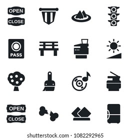 Set of vector isolated black icon - passport vector, pennant, bench, broken bone, traffic light, themes, brightness, music, copier, fruit tree, serviette, open close, fridge