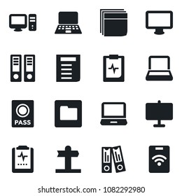 Set of vector isolated black icon - passport vector, office binder, notebook pc, document, pulse clipboard, signpost, monitor, laptop, folder, presentation board, blank box, pass card