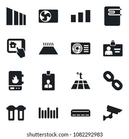 Set of vector isolated black icon - identity card vector, sorting, barcode, chain, air conditioner, water heater, home control app, filter, warm floor, surveillance