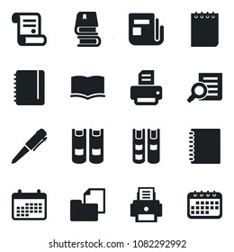 Set of vector isolated black icon - book vector, document search, pen, notepad, printer, contract, folder, news, copybook, calendar