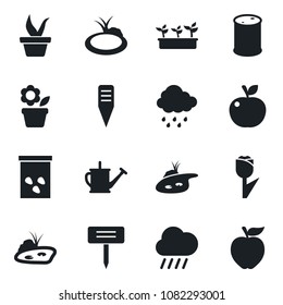 Set of vector isolated black icon - flower in pot vector, seedling, watering can, rain, plant label, seeds, pond, tulip, oil barrel, apple fruit