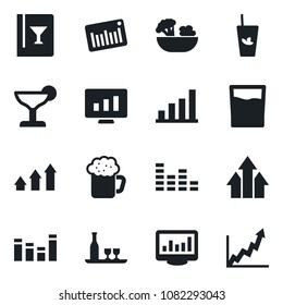 Set of vector isolated black icon - statistic monitor vector, barcode, equalizer, statistics, bar graph, alcohol, wine card, drink, cocktail, phyto, beer, salad, arrow up, growth