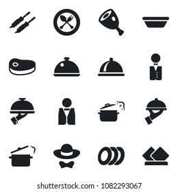 Set of vector isolated black icon - spoon and fork vector, waiter, dish, plates, dress code, steak, kebab, ham, bowl, steaming pan, serviette
