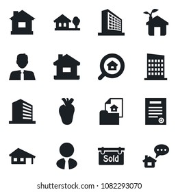Set of vector isolated black icon - office building vector, house, real heart, contract, with garage, tree, estate document, sold signboard, search, agent, city, eco, home message