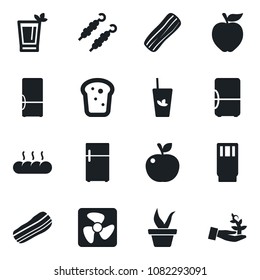 Set of vector isolated black icon - seedling vector, fridge, drink, phyto bar, bacon, bread, kebab, apple fruit, fan, palm sproute