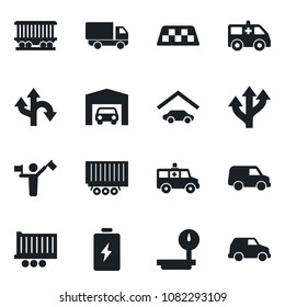 Set of vector isolated black icon - dispatcher vector, taxi, ambulance car, route, railroad, truck trailer, delivery, heavy scales, garage, battery