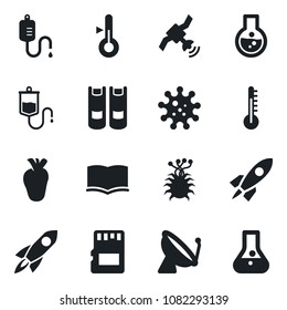 Set of vector isolated black icon - satellite antenna vector, book, dropper, real heart, virus, sd, thermometer, rocket, flask