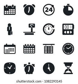 Set of vector isolated black icon - 24 around vector, flight table, calendar, heavy scales, clock, alarm, stopwatch, manager, sand
