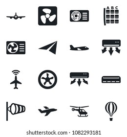Set of vector isolated black icon - plane radar vector, wind, helicopter, seat map, air conditioner, fan, paper, balloon