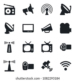 Set of vector isolated black icon - antenna vector, satellite, radio, loudspeaker, tv, video camera, wireless